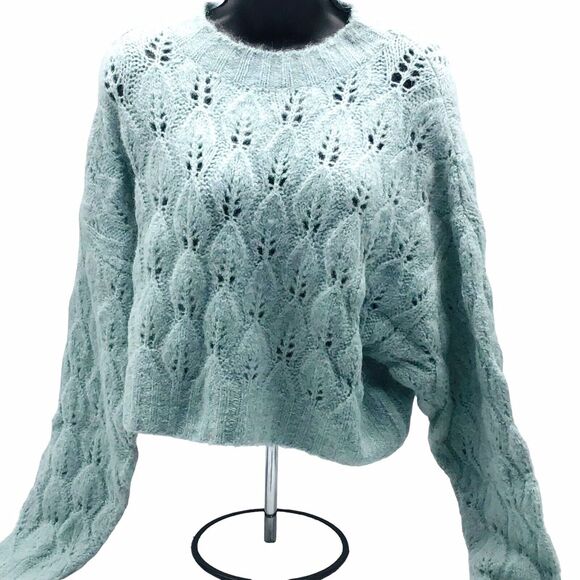 Topshop Women’s Size 12 Blue Pointelle Knit Mock Neck Cropped Sweater NWOT - Picture 1 of 10